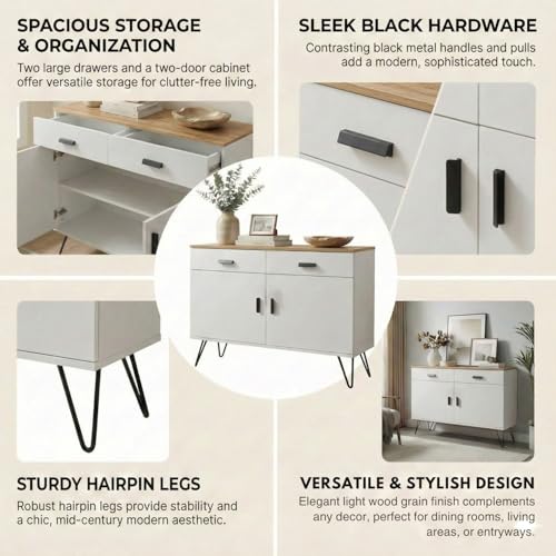 Image of FFO cabinets for Living Room | Wooden Living Room Storage Cabinet with Drawers, Side Cabinet for Bedroom, Modern Wood Finish, 2 Door Cupboard with Metal Legs White and Coach Wood DIY.