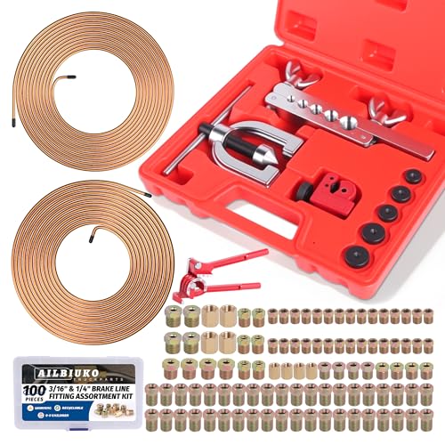 Ailbiuko 3/16 1/4 Brake Line Repair Kit Double & Single Brake Line Flaring Tool Kit + 2 Set 25ft 3/16 1/4 Inch Brake Line with 100 Pcs Fittings(8 Unions Included) + Brake Line Bender