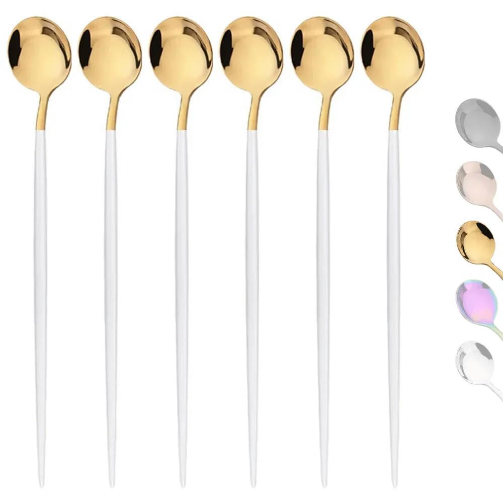 ADAOQIN 6Pcs Coffee Stirring Spoon Flatware Cutlery Set Juice White Gold Tea Spoons Dinnerware Ice Cream Long Handle Scoop Kitchen Tools