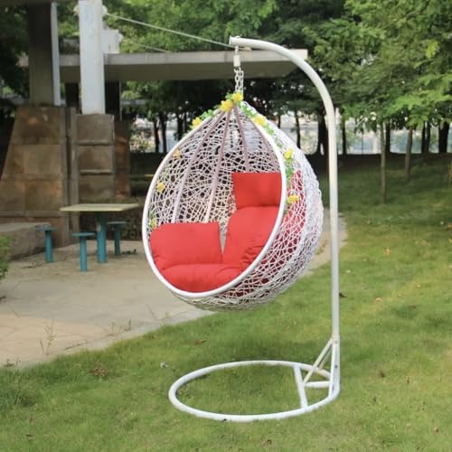 Image of Single Seater Swing Chair with Stand & Cushion Outdoor Indoor Balcony Garden Patio, Powder Coated Frame, UV-Protected Wicker, Premium Cushion, Swing Chair (White-RED)