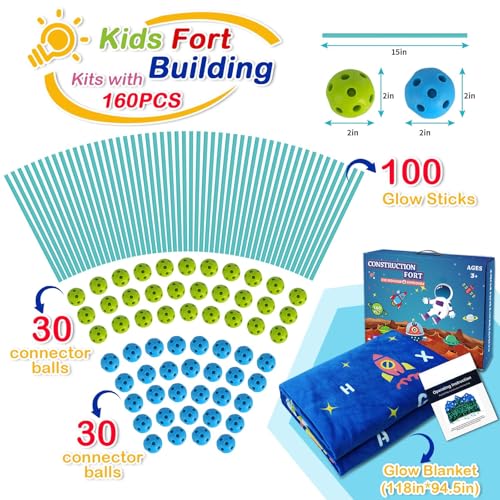 image for pomasy 160PCS Kids Fort Building Kit Glow in the Dark Build a Fort wit