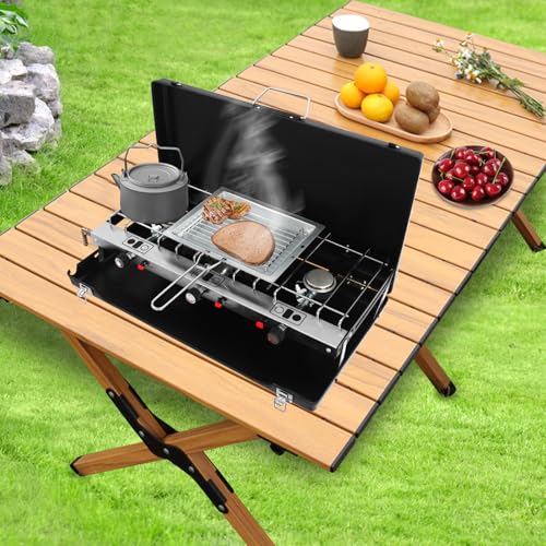 Hornillo de gas portátil de 3 quemadores para camping, estufa de gas de camping con 3 quemadores de control separado, para camping, barbacoas y picnics, 56,5 × 30 × 34 cm