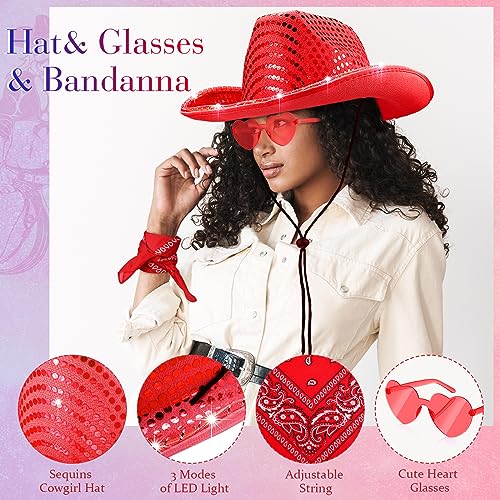 Image of Shihanee 18 Pcs Light Cowboy Hat Space Cowgirl Hat LED Flashing Hat with Heart Glasses Western Costume Paisley Bandanna
