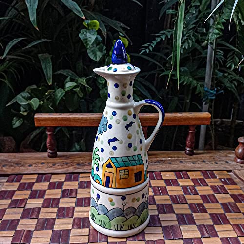India Meets India Ceramic Bottle/Jug/Jar/Oil Dispenser Ceramic Storage Bottle for Oil, Vinegar, Sauces, Ketchups, Ceramic Bottle w/Lid, 700 ML