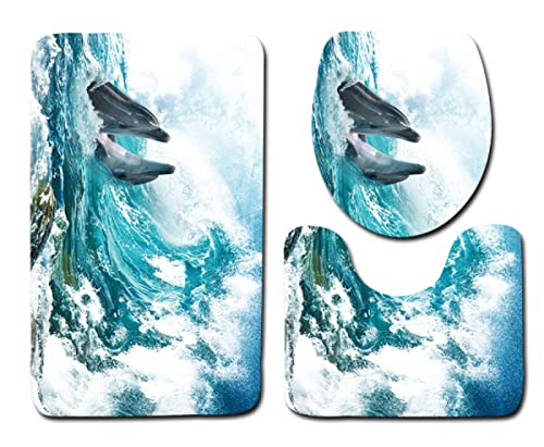 Badezimmerteppich Set 3 Teiliges rutschfest Badematte Set Delfin Badgarnitur rutschfest Badezimmer Weich Badvorleger…