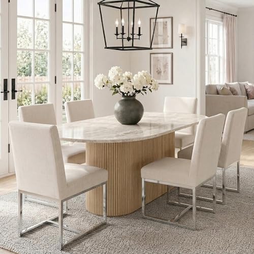 Image of HNY Modern Dining Chairs Set of 6, Upholstered Linen Dining Room Chairs with Ergonomic Back & Polished Silver Metal Frame for Home, Kitchen, Apartment, Cream