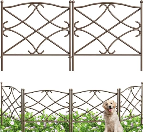 AMAGABELI GARDEN & HOME 5 Panels Decorative Garden Fence 10ft(L) x24in(H) Animal Barrier Dogs Rustproof Metal Landscape Wire Fencing Folding Wire Patio Fences Flower Bed Border Edge Brown