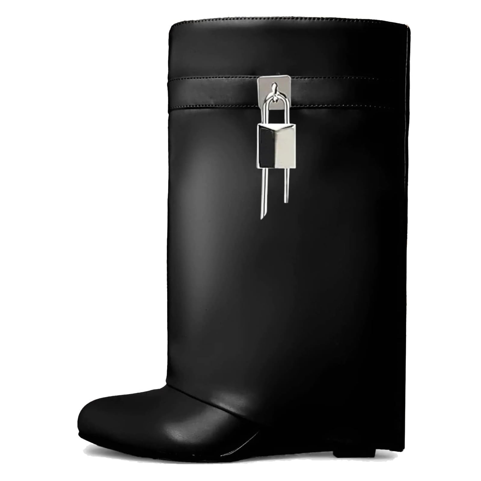 Yishaweiqi Padlock Ankle Boots Fold Over Wedge Heel Booties Wide-calf Short Boot