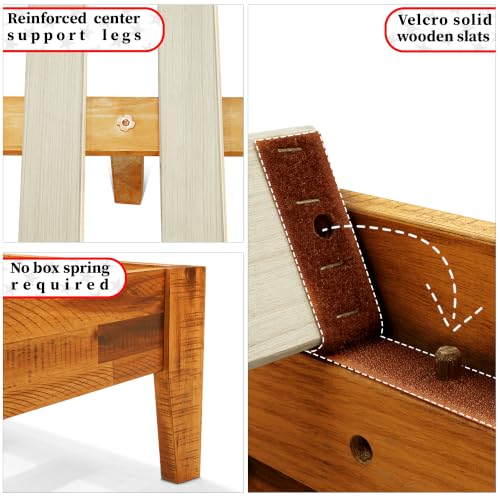 Image of Acacia Sierra Solid Wood Bed Frame with High Headboard, 800 lbs Capacity Farmhouse Signature Bedroom Furniture Wood Bed Compatible with All Mattress Types
