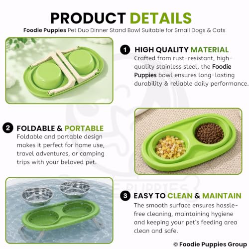 Image of Foodie Puppies Pet Duo Dinner Stand Stainless Steel Bowl - (Green) | Foldable Stand Bowl for Food & Water, Suitable for Cats, Puppies & Small Dogs | Elevated Feeding Station