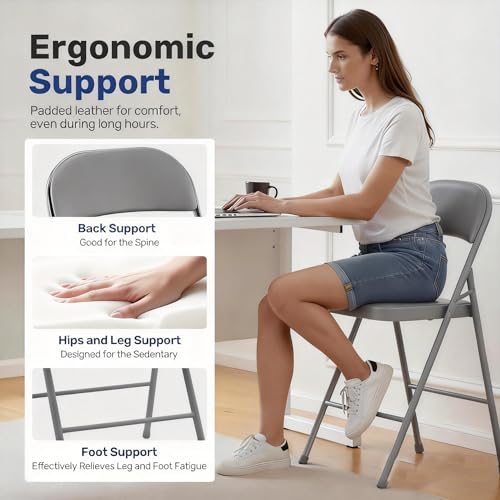 Image of Simple Deluxe Dining Chairs Set of 2, Leather Cushion Foldable Modern Kitchen Side Chair with Padded Back& Metal Legs, Upholstered Dinner Seat Gift for Home /Living Room /Bedroom /Restaurant, Grey
