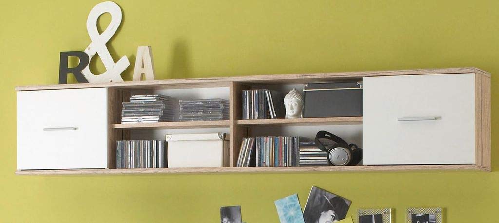 NANU Jugendzimmer Komplett-Set in Eiche San Remo Optik, Weiß - Kinderzimmer Möbel-Set 4-teilig bestehend aus Kleiderschrank, Bett, Standregal & Wandboard
