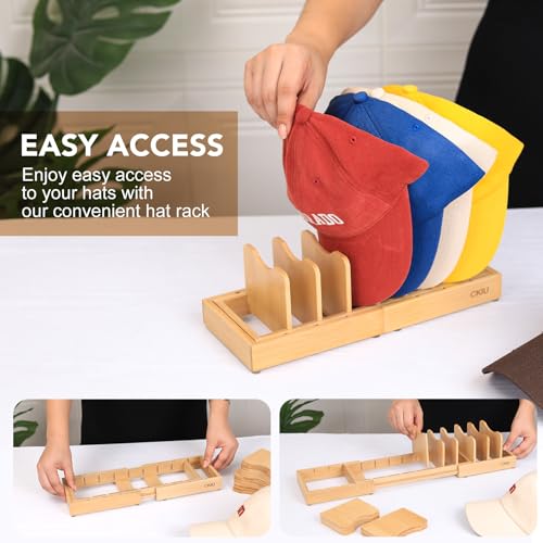 Image of Expandable Hat Stand for Baseball Caps, Bamboo Hat Organizer for 7 to 13 Baseball Caps, Hat Holder for Closet, Bedroom, Dresser, and Shoe Cabinets(Bamboo)