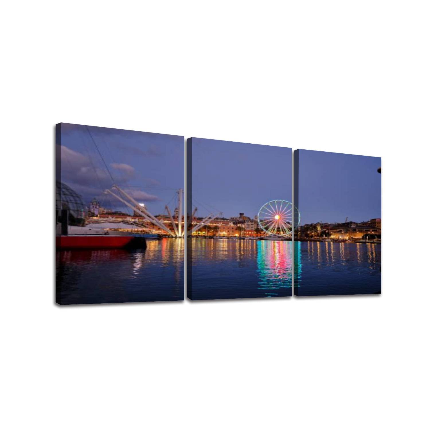 Canvas Wall Poster Artwork Picture porto antico old harbor wheel Genova Art Painting Framed Print Bedroom Home Living Room Office Decoration Gift 12"X16"X3 Panels