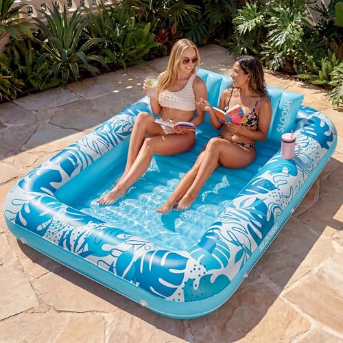 SLOOSH Inflatable Tanning Pool Lounger Float, 85' x 57' Extra Large Pool Floats Adult with Pillow, 4 in 1 Suntan Tub Raft Floatie,Sunbathing Bed Lounge for Water Blow Up Ball Pit Party Gifts, XL-Blue