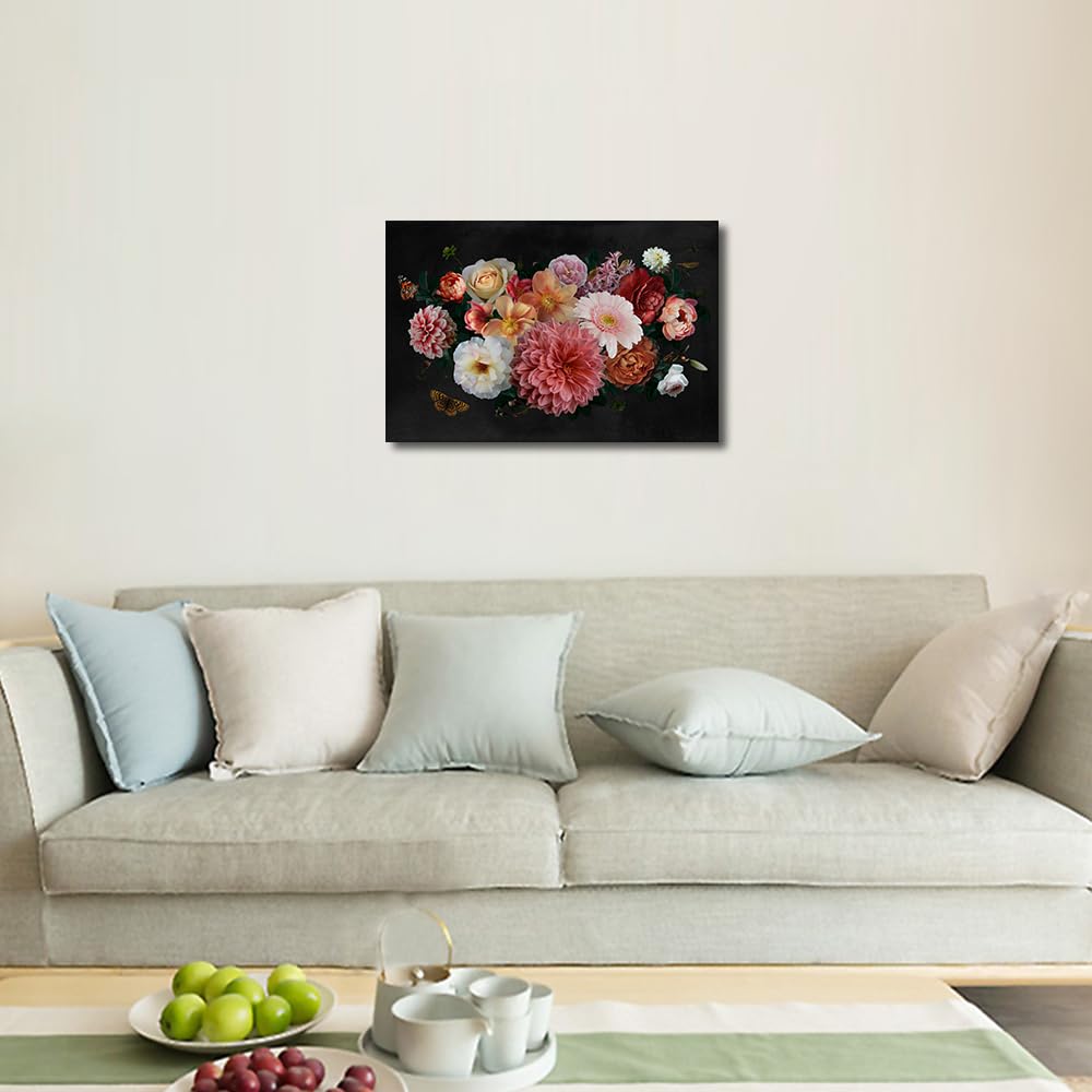 TISHIRON Canvas Wall Art Luxurious Luxurious Baroque Painting Garden Flowers Pink and White Peonies Artwork Print for Bedroom Kitchen Living Room Home Decor Framed Ready to Hang (30 x 45cm) - Image 3