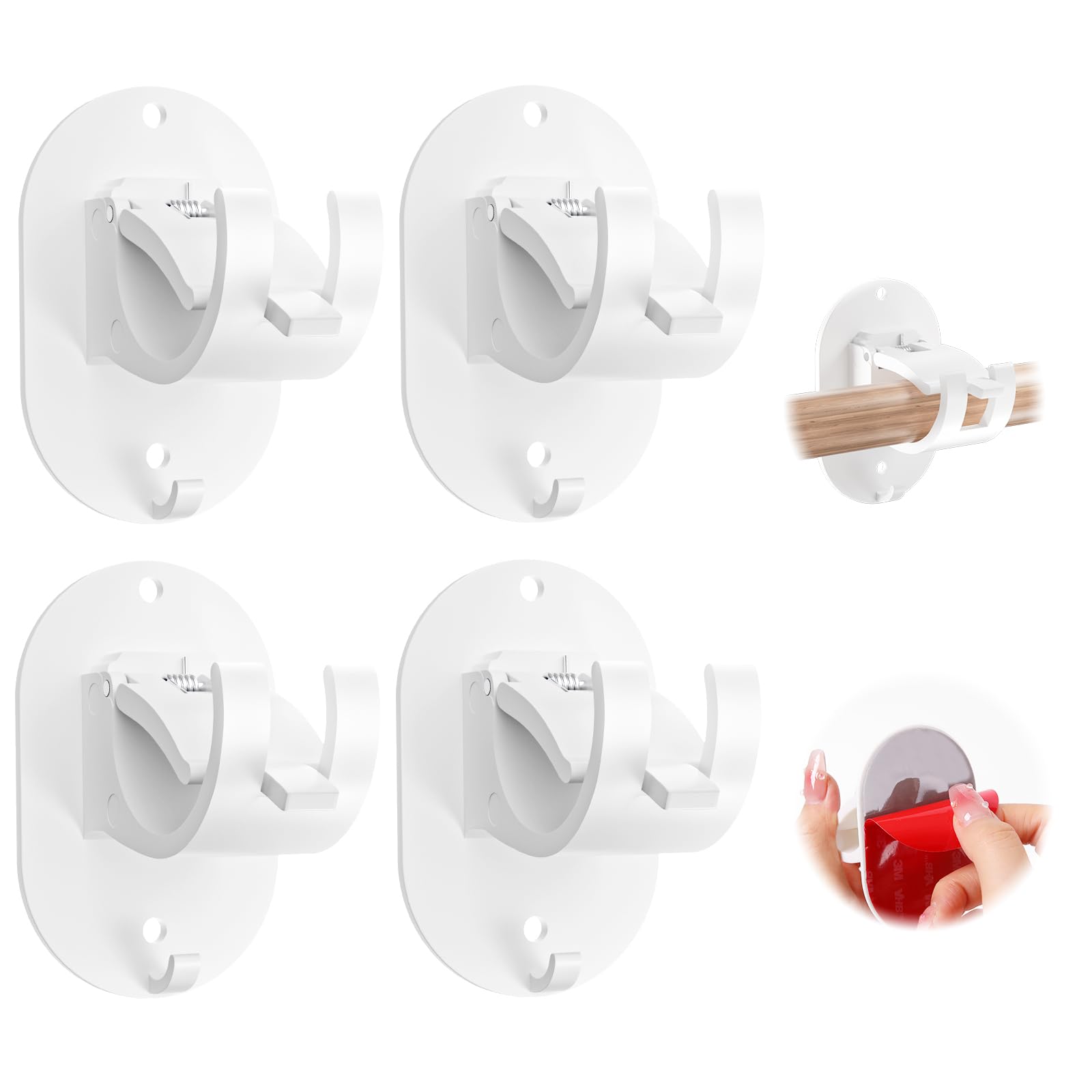 4 PCS No Drill Curtain Rod Brackets, Curtain Rods No Drilling Curtain Rod Bracket Self Adhesive Curtain Rod Holder Curtain Rods Hooks for Bathroom Bedroom Kitchen (4 PCS, White)