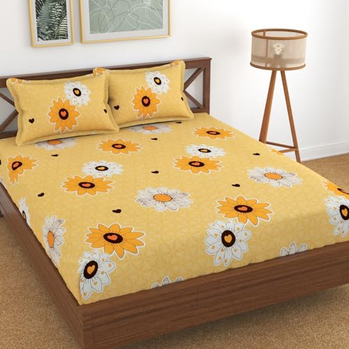 Image of KAWI Elastic Fitted Bedsheet Cotton Blend Double Bed with 2 Pillow Cover (72 inch X 78 inch)- Cream Colour-Yellow Colour Print