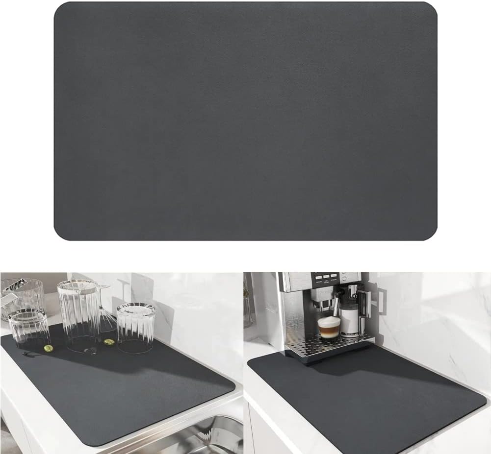 Dish Drying Diatomaceous Earth Mat, Absorbent Drip Protector Drainer, Coffee Bar Pad, Sink Draining Board Mat (24* 15.75 inch) for Kitchen, Bathroom, Toilet Counter Top– Dark Grey