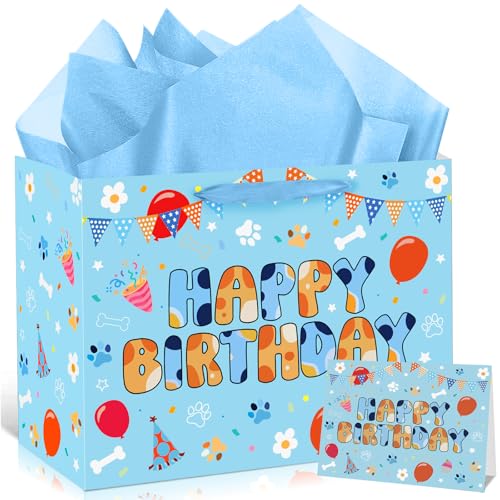 Cartoon Blue Dog Birthday Gift Bag with Wrapping Paper and Greeting Card Cute Blue and Orange Dog Gift Wrap Paper Bags Large Cartoon Birthday Party Favor Bags Decorations for Girls Boys Party Supplies