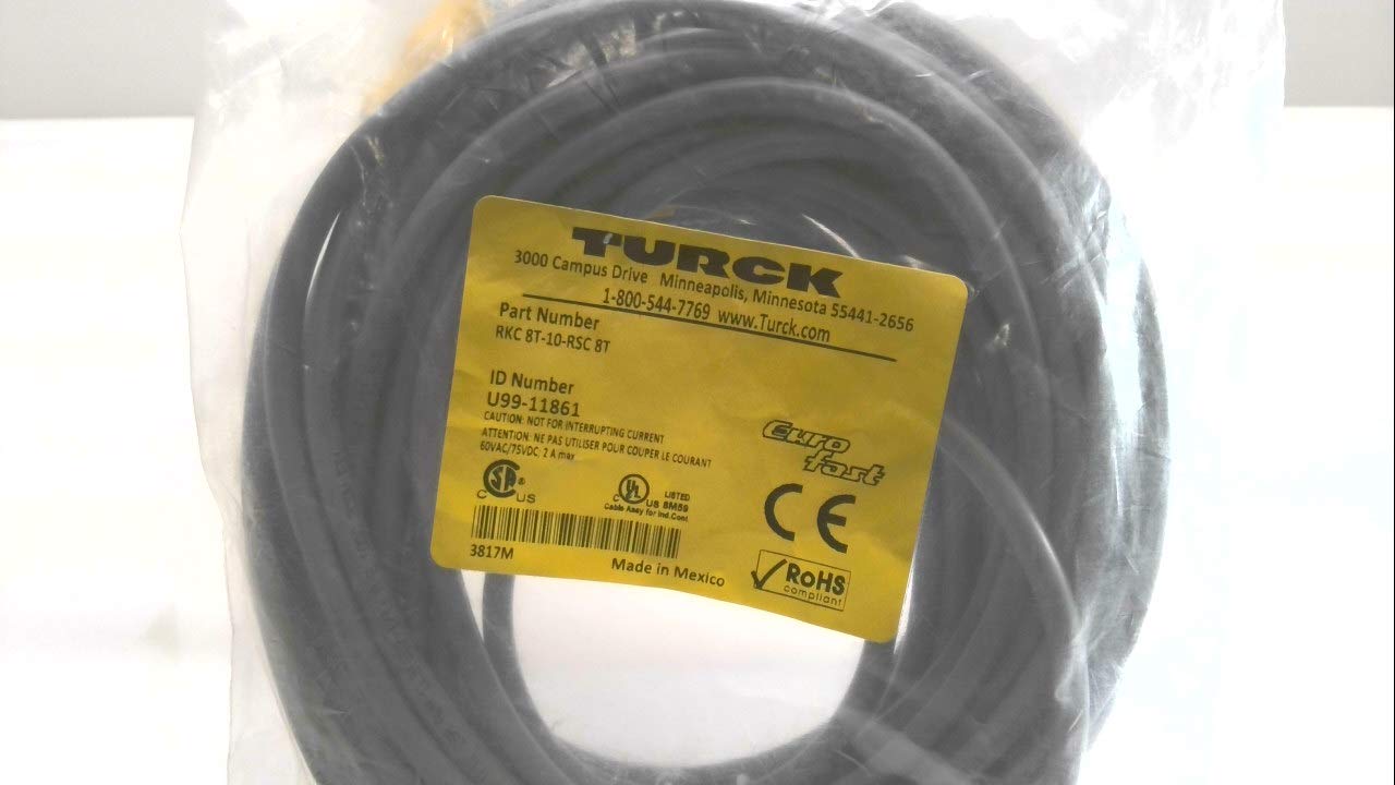 TURCK RKC 8T-10 TURCK RKC 8T-10 NICKEL PLATED BRASS COUPLING, MEDIUM PLUG BODY, NO LEDS, SINGLE ENDED, M12 EUROFAST, CORDSET, 8 WIRE, T BARB FITTING, PVC JACKET, STRAIGHT FEMALE CONNECTOR, 10 METER LE