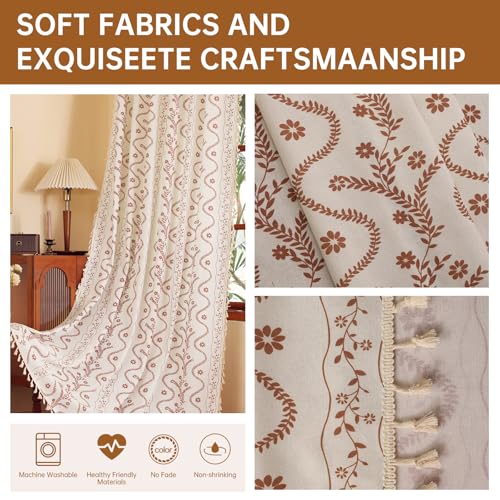 Image of Boho Farmhouse Curtains for Living Room 2 Panels, Floral Fall Curtains 80 Inches Long,Privacy Country Vine Pattern Bedroom Curtain,Let Light in Window Drapes Beige