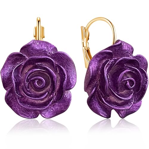 Hanavigar Sparkly Vintage Resin Rose Flower Camellia Leverback Dangle Drop Earrings for Women Lover (Purple)