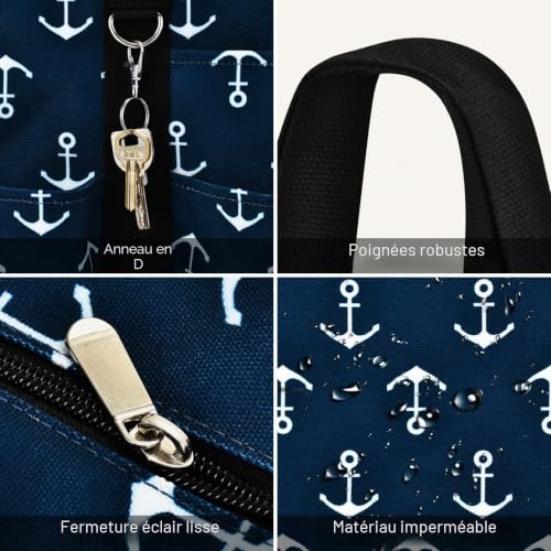 Becokan Grand sac fourre-tout pour femme imperméable avec 12 poches, fermeture éclair sur le dessus, polyvalent, sacs pour enseignantes et infirmières pour le travail et l'école, Motif ancre, Medium – vue 4