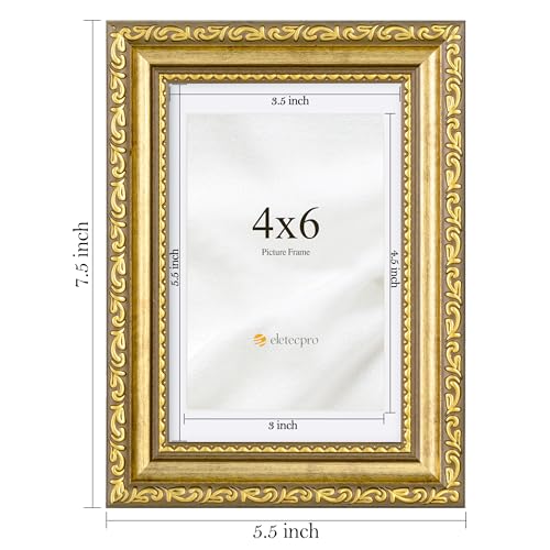 Image of eletecpro 4x6 Vintage Picture Frame, Glass Cover, Gold, 2-Pack | Display Photo 3.5x5 with Mat or 4x6 without, Horizontal or Vertical, Tabletop or Wall Decor