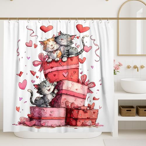 Cats Shower Curtain, Playful Cartoonish Hearts Gift Boxes Valentine Peach