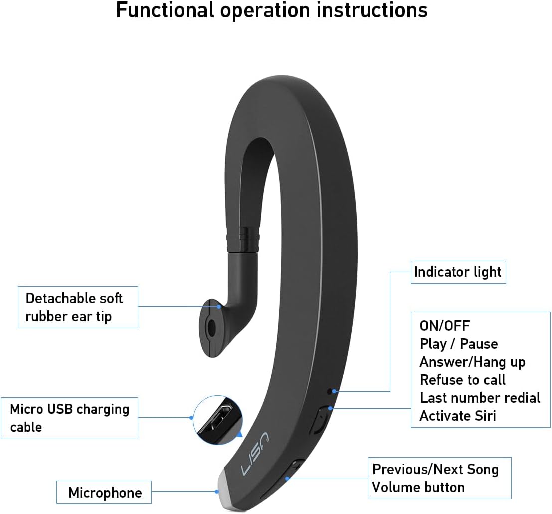 Ear Hook Wireless Bluetooth Headphone,LISN Painless Wearing Bluetooth Earpiece with Mic,Lightweight Non Ear Plug Single Ear Bluetooth Headset for Cell Phone 8-10 Hrs Playtime(Black)