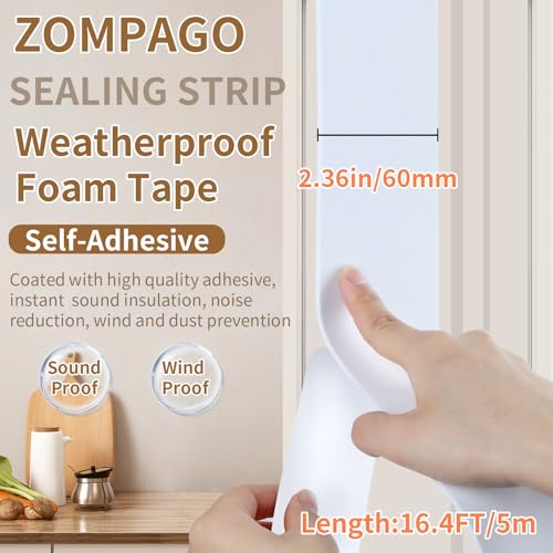 Image of ZOMPAGO Foam Tape Weather Stripping, 2.4in x 16.4FT White Single Sided Adhesive Rubber Seal Strip, Window Gap Filler & Door Seal Weatherstripping for Doors, Exterior Window Gasket Door Insulation