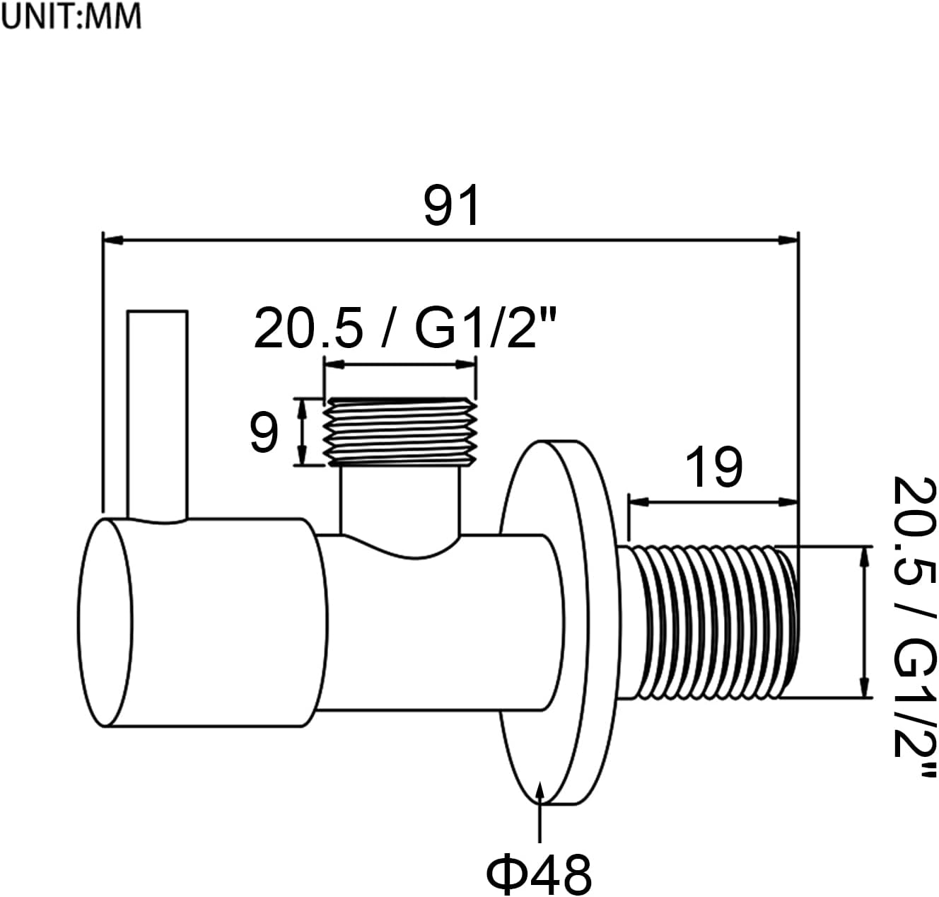 Dimensional drawing of Ibergrif M22025-1/2 Angle Valve