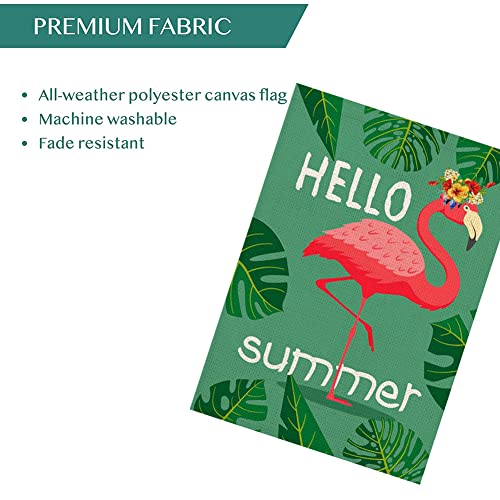 Qinqingo Hello Summer Flamingo House Flag 28" X 40" Double Sided Green Palm Leaves Summer Outdoor Large Banner Burlap Outside Lawn Seasonal Yard Flag (Hf-03) #TOP3