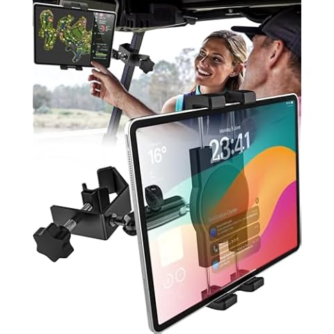 GDZN Golf Cart Tablet Holder, [Square Clip] Heavy Duty Golf Tablet Phone Mount for EZGO/Club Car/Yamaha, 360° Rotatable Golf Cart Pole Stand Clamp for iPad Pro 11 12.9, Galaxy Tab, 4-13'' Devices Cover
