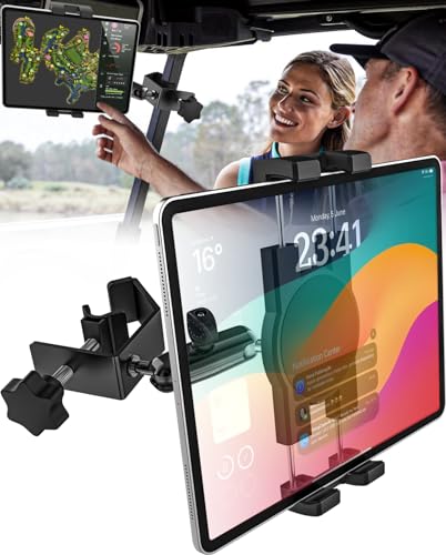 GDZN Golf Cart Tablet Holder 360 Rotatable Metal Square Pole Clamp for EZGO/Club Car/Yamaha/Icon Heavy Duty Anti-Shake Mount Fits iPad Pro Air Mini Galaxy Tab Z Fold Fire HD 4-13 Devices