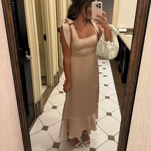 MAGGCIF Satin Bridesmaid Dresses for Women with Slit Bow Straps Square Neck Formal Wedding Guest Evening Gowns4