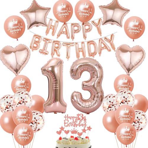 Globo 13 cumpleaños deco chica rosa oro globo de papel de aluminio 13 años decoración de cumpleaños Feliz cumpleaños 13 cumpleaños deco chica RoseGold decoración de cumpleaños 13 años deco chica