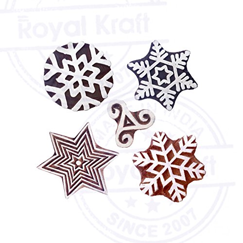 Handmade Star and Snowflake Wooden Block Stamps (Set of 5)