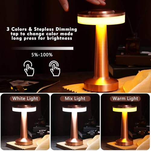 Image of Riakrum 2 Pcs LED Cordless Table Lamp Bulk Rechargeable,Rose Gold | Portable Wireless Lamps, 3 Color Stepless Dimming, 15 Hour Battery, Touch Control, Wedding Home Restaurant Decor