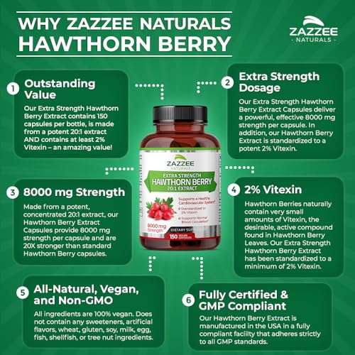 Zazzee Extra Strength Hawthorn Berry 20:1 Extract, 8000 Mg Strength, 2% Vitexin, 150 Vegan Capsules thumb #7