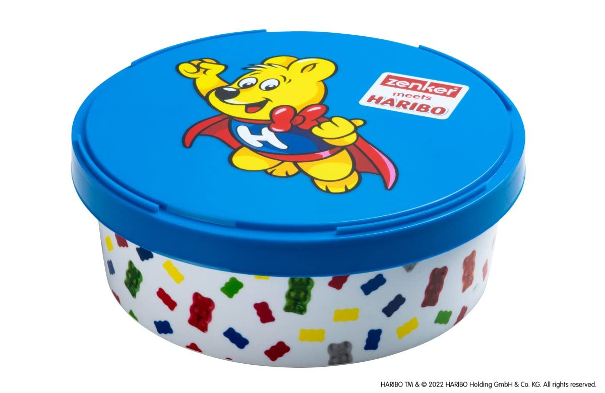 Zenker Meets Haribo Storage Container for Snacks and Candy - Plastic Food Storage Container with Cute Golden Bear Design - Round Kitchen Tin - Blue/Multi-Coloured