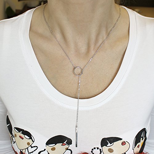 Solid Sterling Silver Rhodium Plated Open Circle With Bar Lariat Necklace, 22 Inches #TOP3