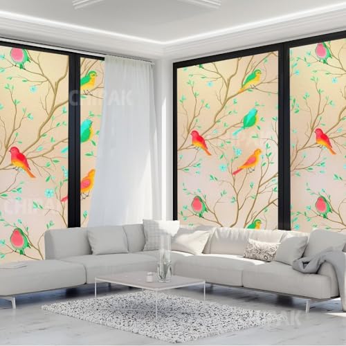 Image of CHIPAK Premium Vinyl Privacy Stained Window Glass Film (18x100 Inch) - Self-Adhesive Decorative Sticker Opaque Sheet Tint Wallpaper for Glass Cover Window, Door, Office, Home.| Anti-UV. Colorful Birds