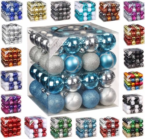 64x Kunststoff Christbaumkugeln Ø 6cm Kugel Box Glanz Glitzer Matt Dekor Inge inkl. Aufhänger, Farbe:Türkis-Silber
