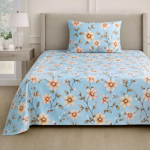 Image of DECOR2ADMIRE Premium Cotton Bedsheet Double King Size 60x100 Inches, 300 TC Soft Breathable Printed Bed Sheet with 1 Pillow Cover (Light Blue Floral, Single 60 inch x 90 inch)