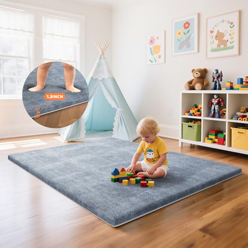 Image of Omzer Baby Play Mat for Floor: Soft & Safe - 1.3'' Thick Foam Playpen Mat with Machine Washable Removable Coth Cover for Tummy Time- Non Slip Crawling Pad for Toddler,Infant,Kids(Grey, 47''x 47'')
