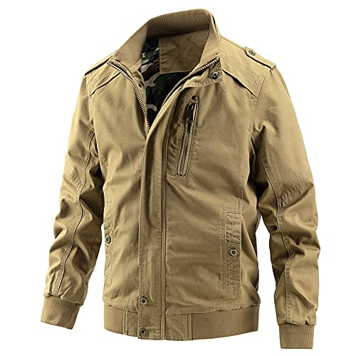 Men's Casual Washed Cotton Military Jacket Stand Collar Cargo Coat with Shoulder Straps