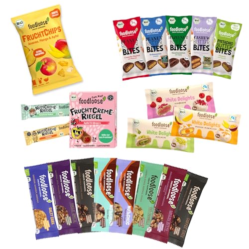 foodloose Kennenlernpaket | Vegane Süßigkeitenbox mit 20 verschiedenen Bio-Snacks | Leckerer Mix aus Nussriegeln, Nut Butter Bites, White Delights, Fruchtchips und Creme-Riegeln