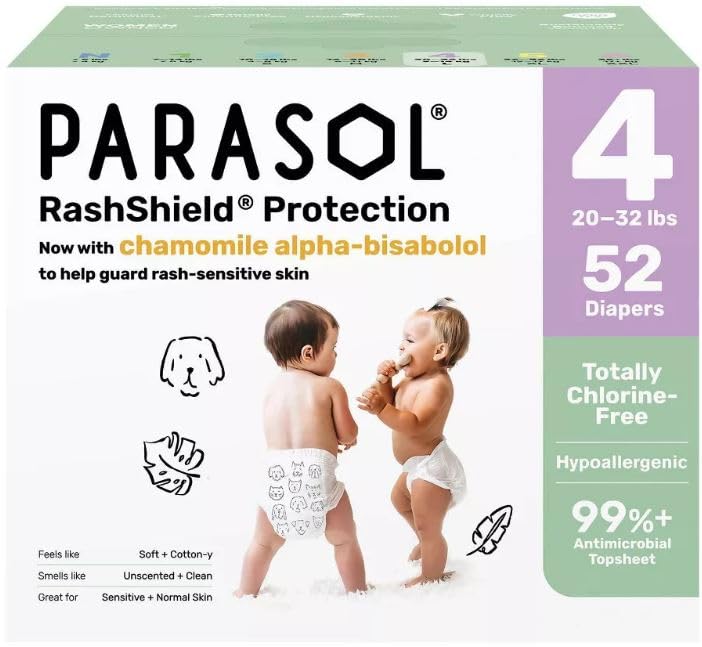 New Parasols Chlorine-Free Premium Diapers with RashShield Protection Size 4 52 Count 2 Pack of 26 Diapers